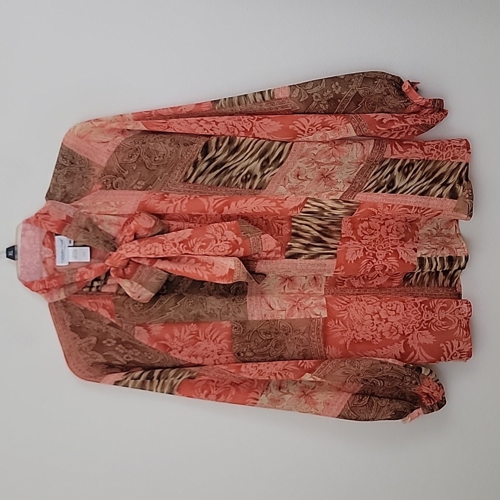 Coldwater Creek Orange & Brown Artsy Semi Sheer Long Sleeve Blouse M
